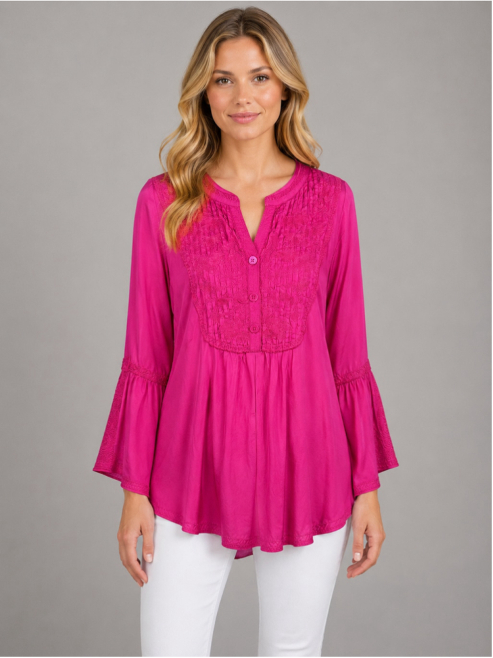 John Mark Pink Fuchsia Embroidery Bell Sleeve Tunic Blouse Top Boho Size XL